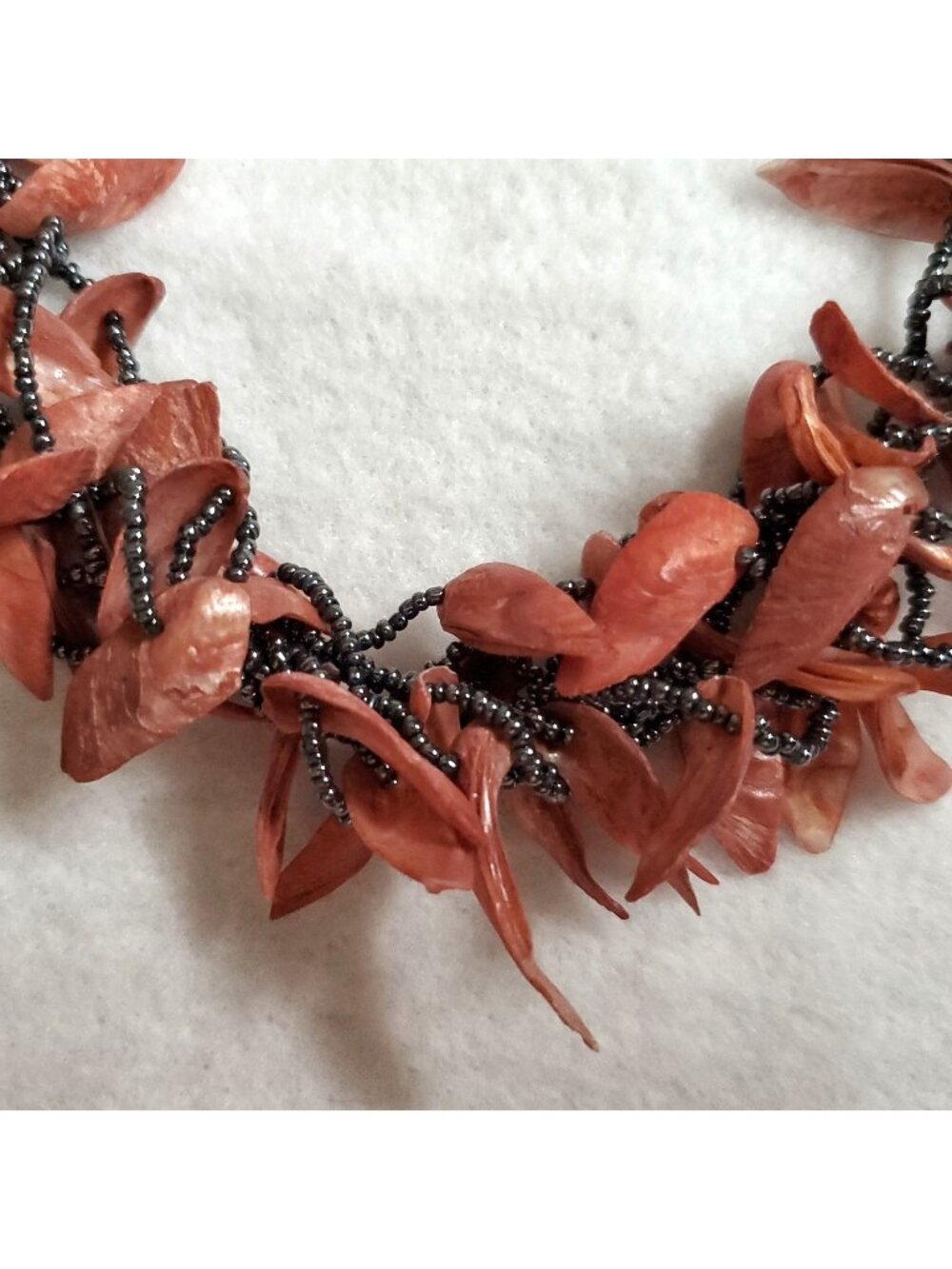 Vintage Beaded Shell Necklace Red Gray Beach Tiki Boho 14"